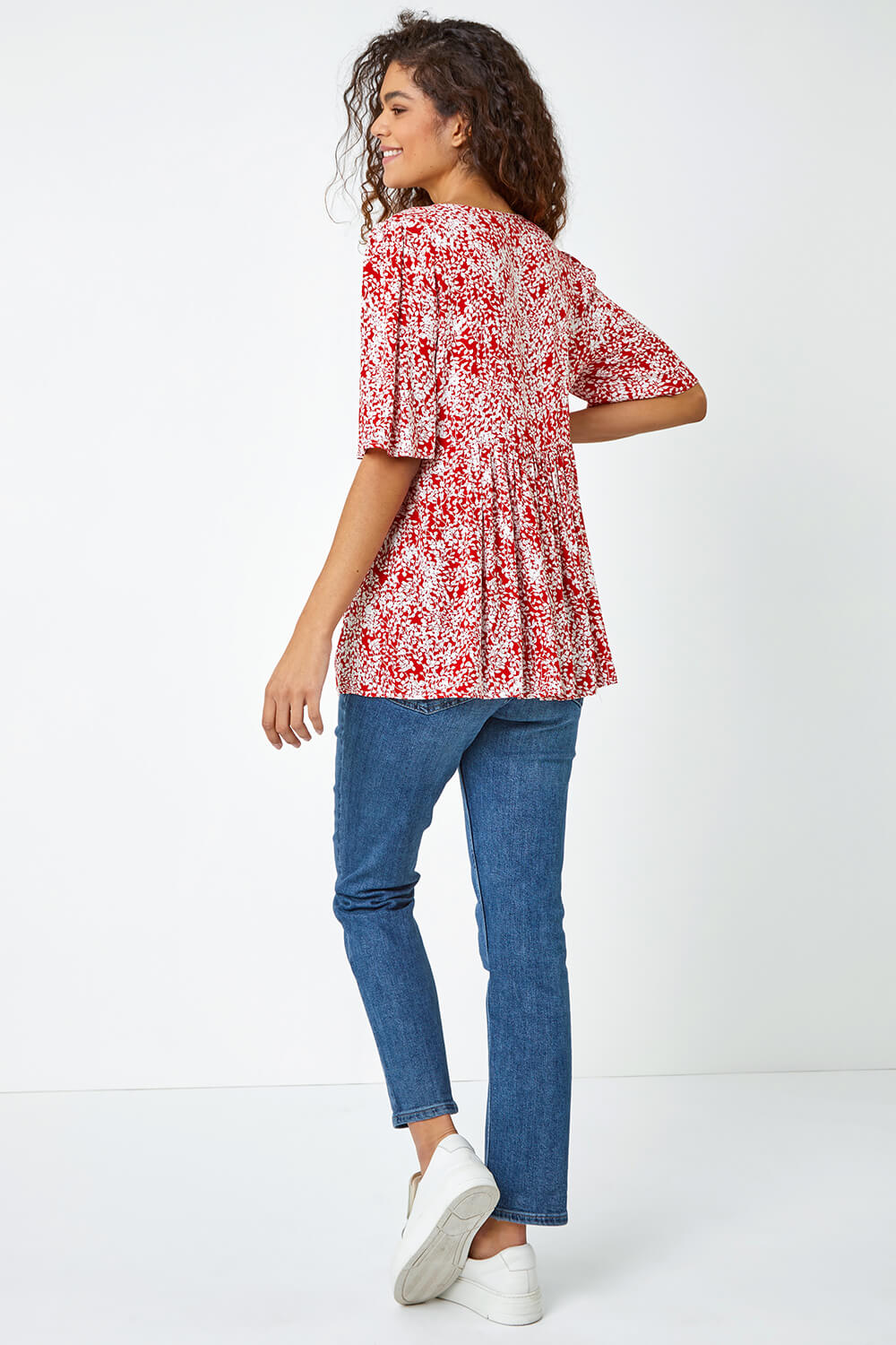Red Ditsy Floral Tie Smock Top, Image 3 of 5