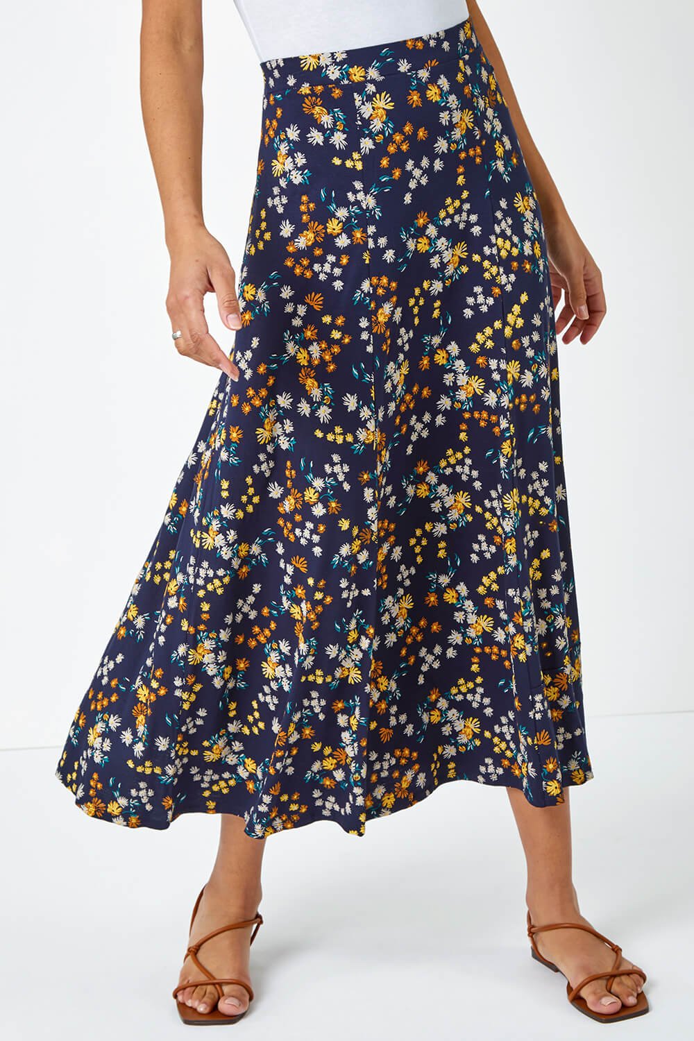 Navy  Ditsy Floral Print Midi Skirt, Image 4 of 4