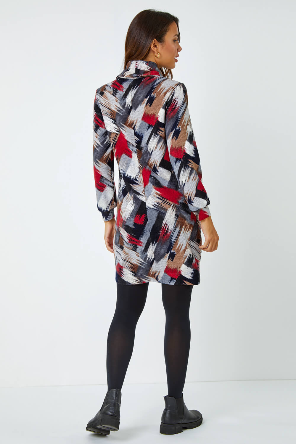Red Cowl Neck Abstract Print Stretch Dress, Image 3 of 5