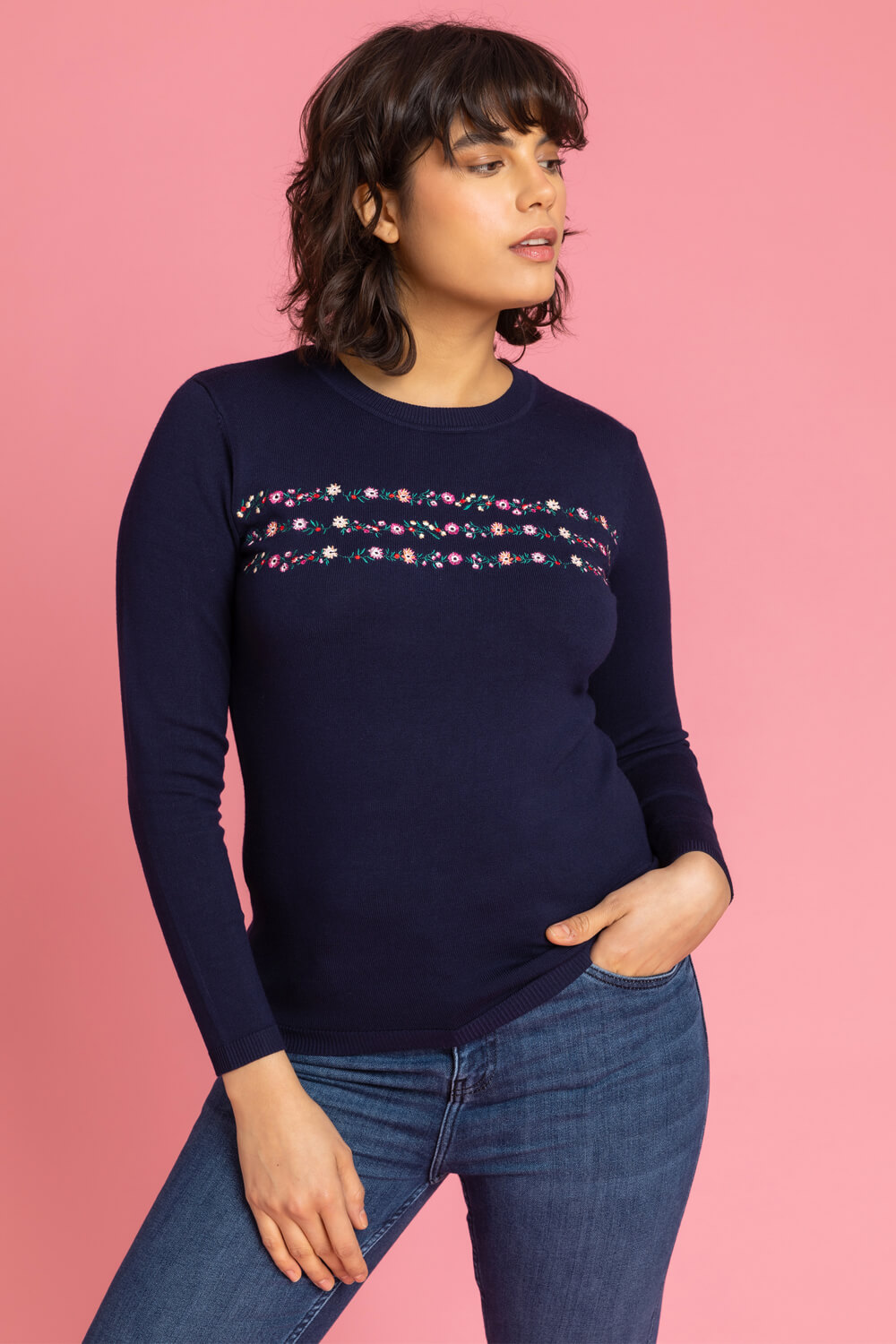 Ditsy Floral Embroidered Crew Neck Jumper