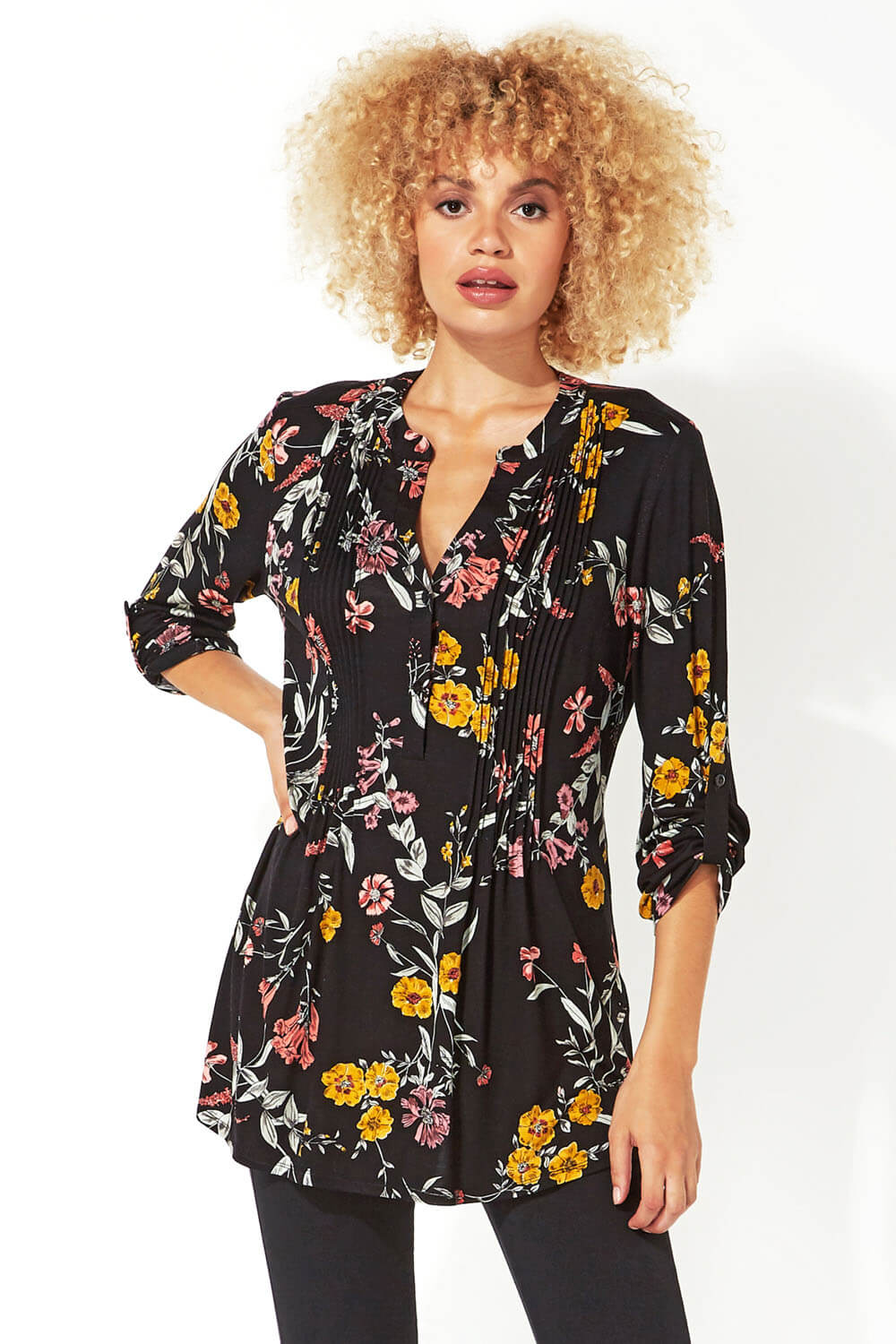 Floral Print Button Detail Top in Black - Roman Originals UK