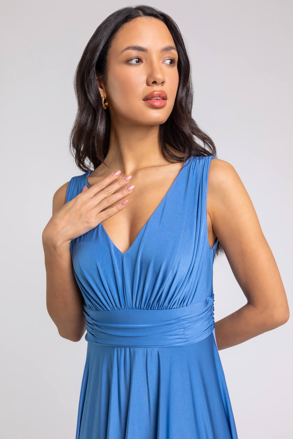Blue Ruched Sleeveless Stretch Maxi Dress, Image 3 of 5