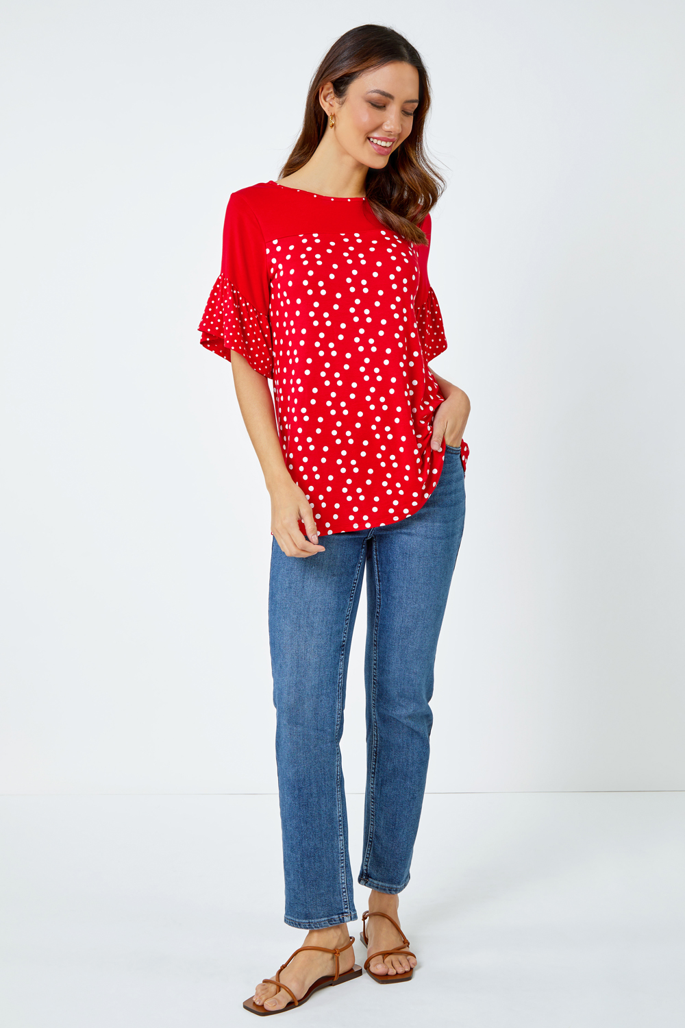 Red Spot Print Frill Sleeve Top, Image 4 of 5