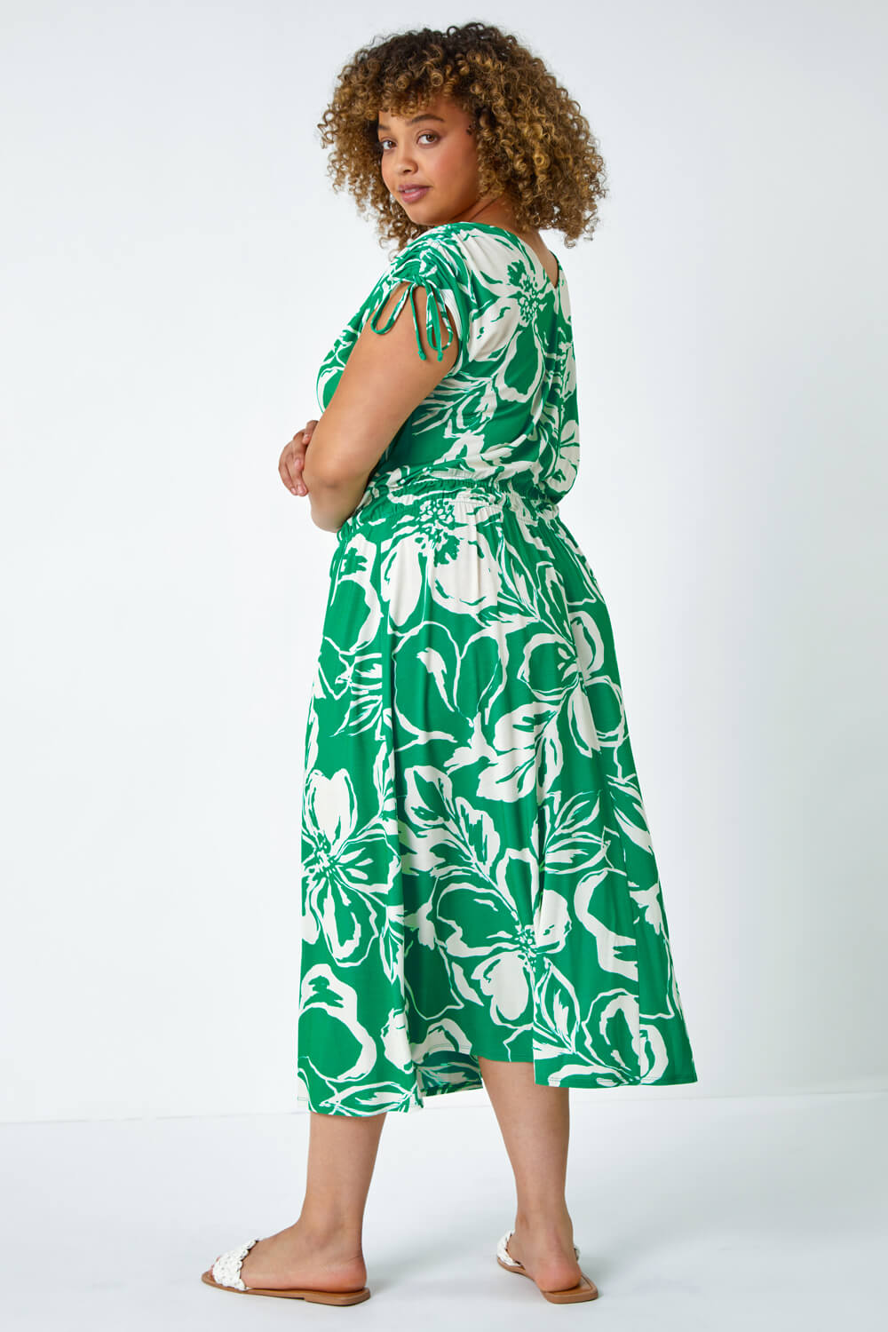 Green Curve Floral Print Ruched Stretch Midi Dress, Image 3 of 5