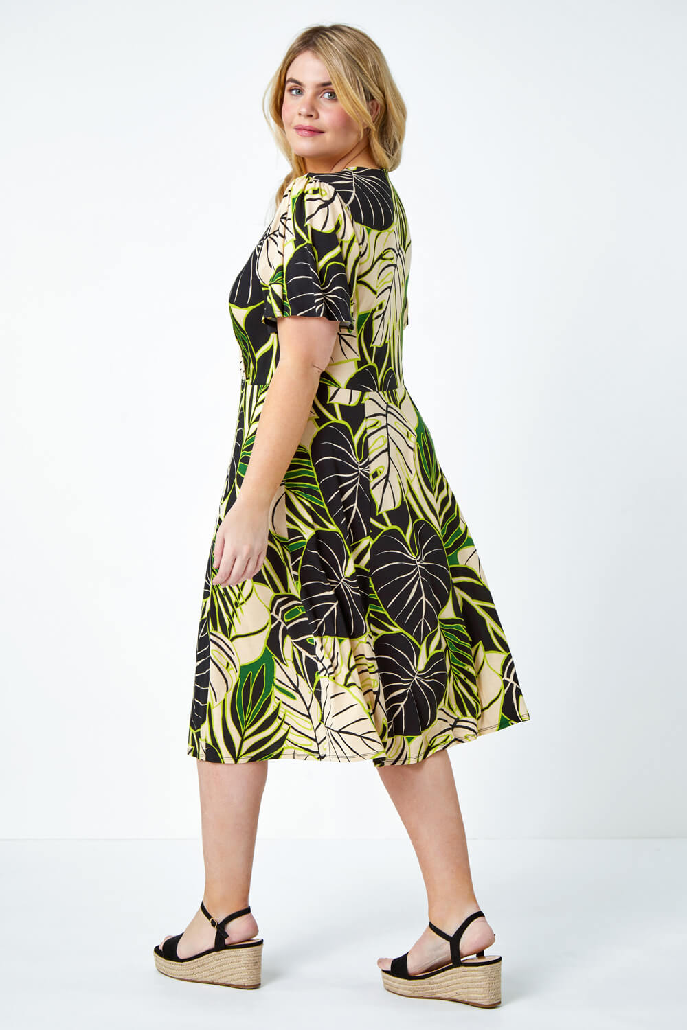 Lime Curve Tropical Leaf Stretch Wrap Dress, Image 3 of 5