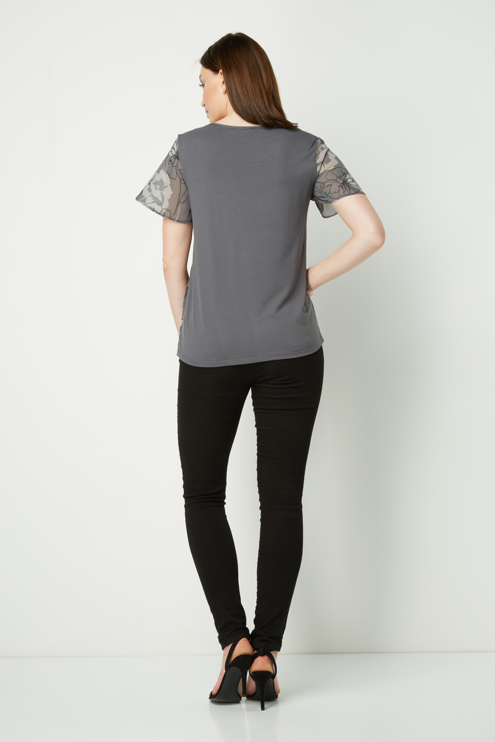 Grey Floral Asymmetric Ruffle Top, Image 2 of 4