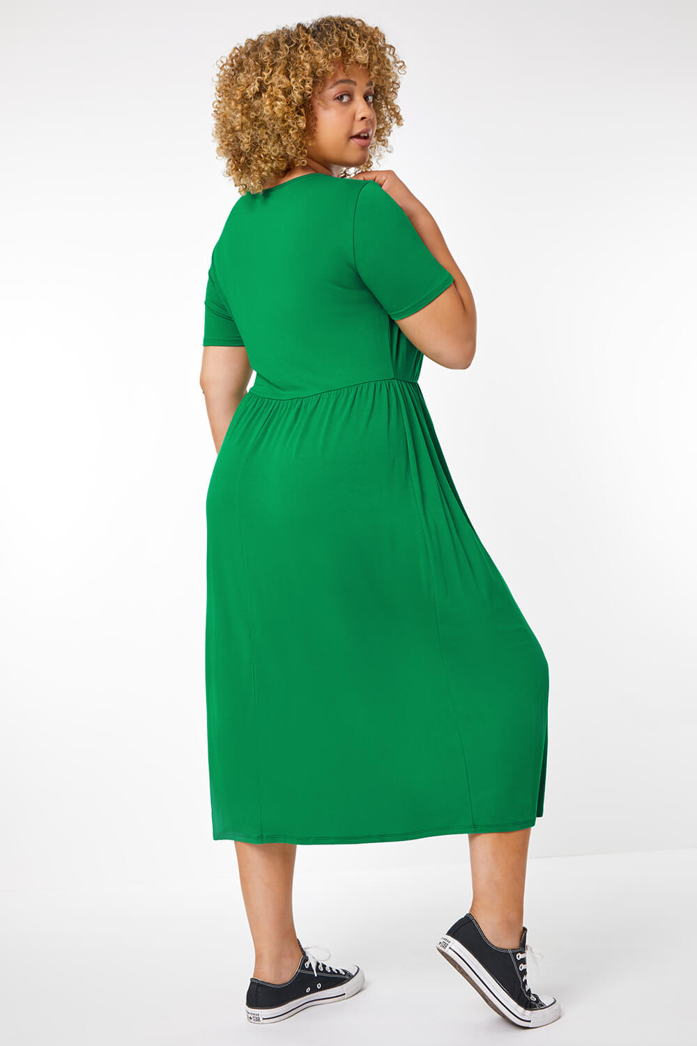 Green Curve Gathered Skirt Midi Stretch Dress, Image 3 of 5