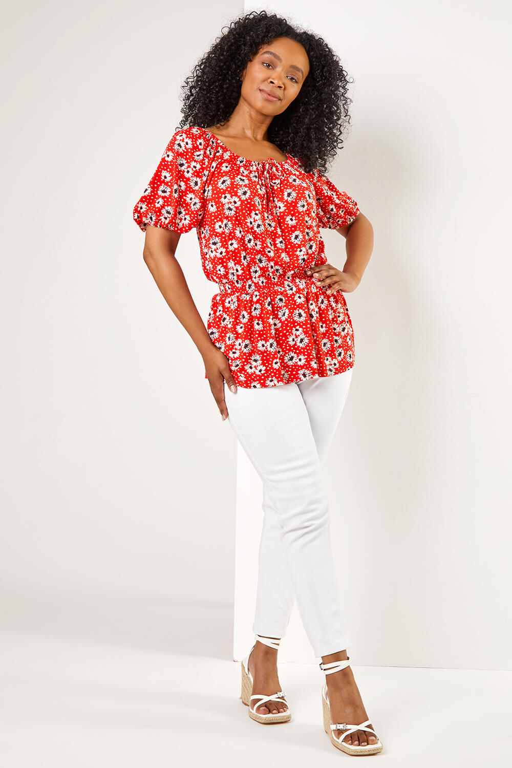 Red Petite Floral Print Shirred Waist Top, Image 2 of 5
