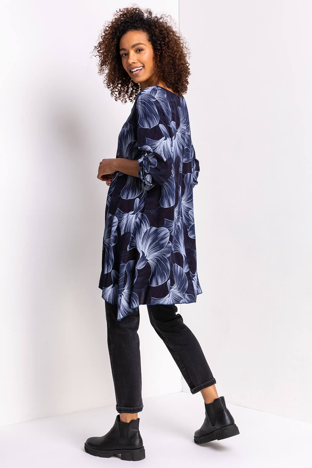 Midnight Blue Floral Print Longline Tunic Top, Image 2 of 4
