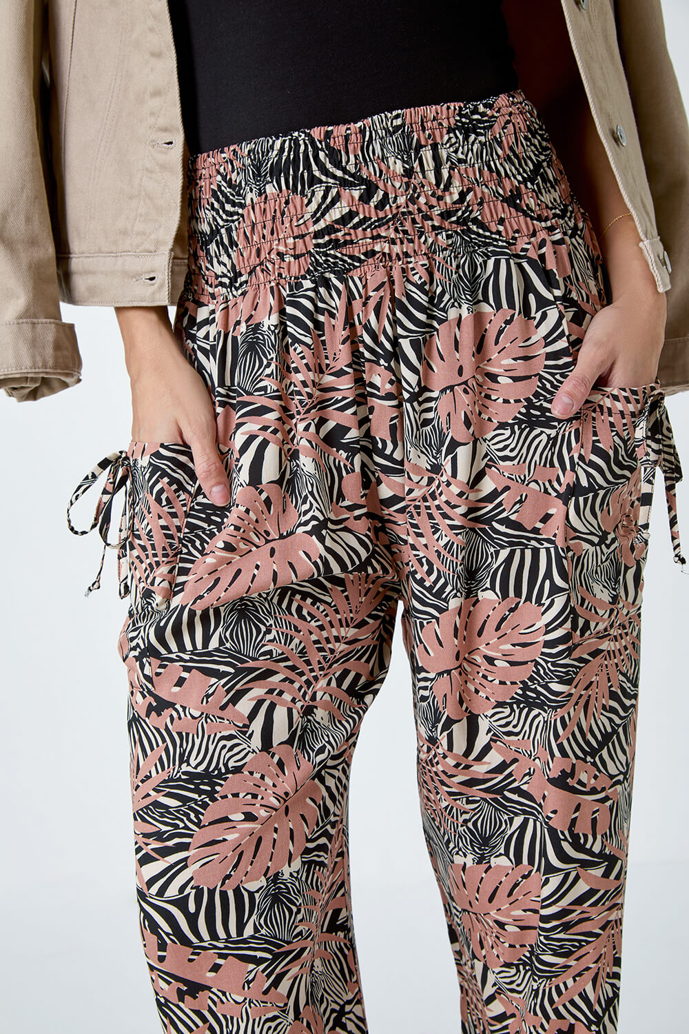 Black Tropical Print Stretch Hareem Trousers, Image 5 of 5
