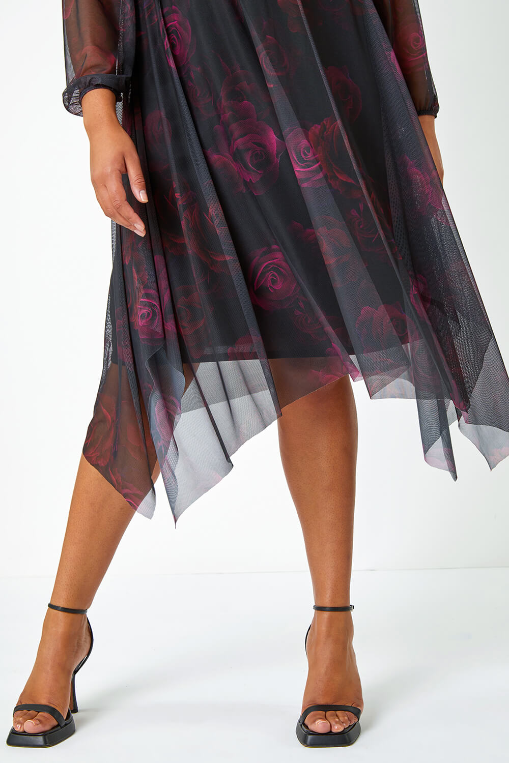 Black Curve Floral Mesh Overlay Wrap Dress, Image 5 of 5