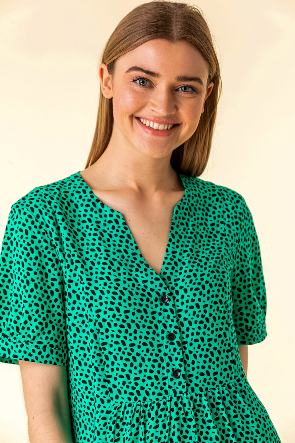 Green Spot Print Tiered Midi Dress, Image 3 of 4
