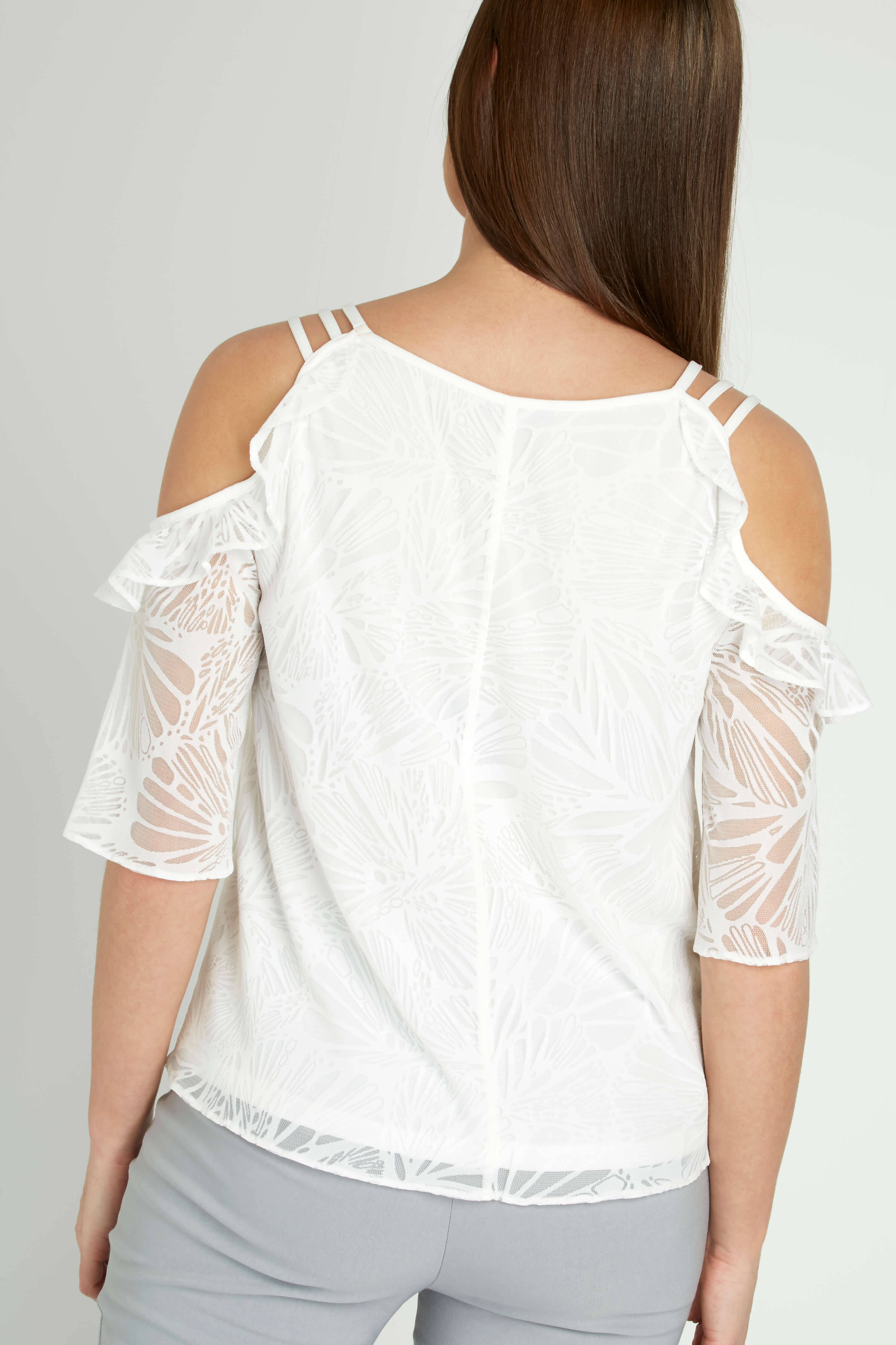 Ivory  Butterfly Print Cold Shoulder Top, Image 2 of 5