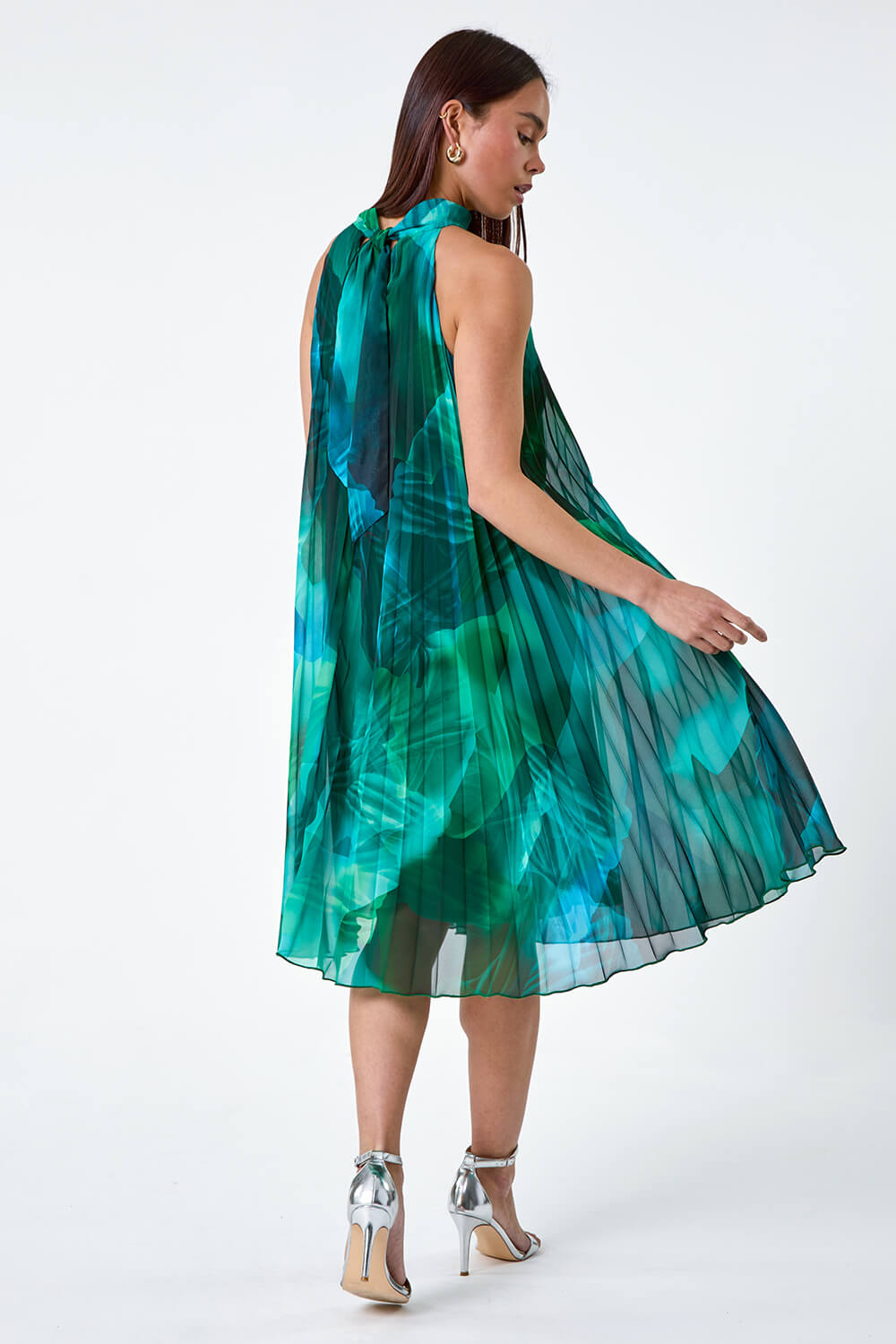 Dark Green Petite Abstract Halter Neck Pleated Dress, Image 3 of 5