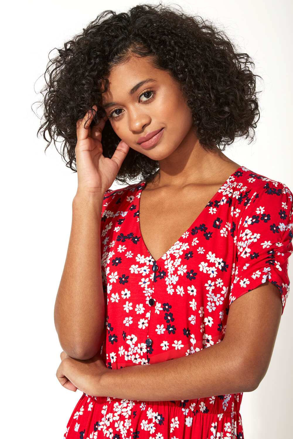 Red Floral Print Tiered Midi Dress , Image 4 of 5
