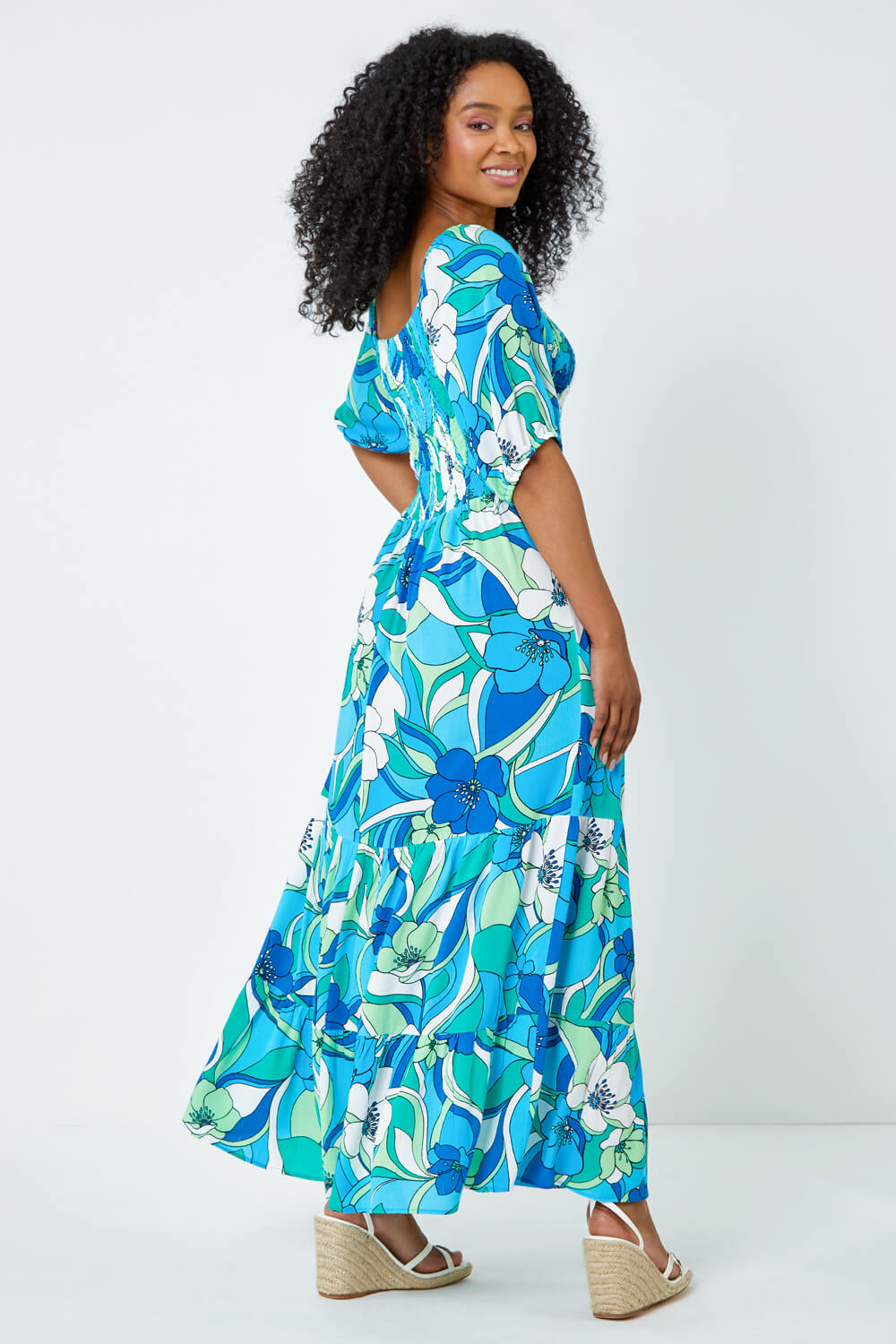 Petite Floral Stretch Tiered Maxi Dress in Turquoise | Roman UK