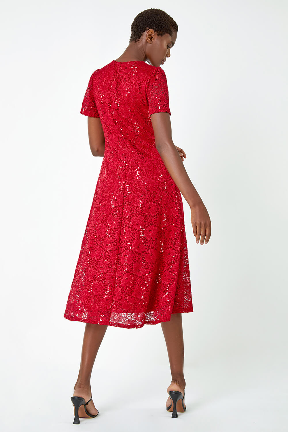 Red Sequin Lace Twist Front Midi Dress, Image 3 of 7