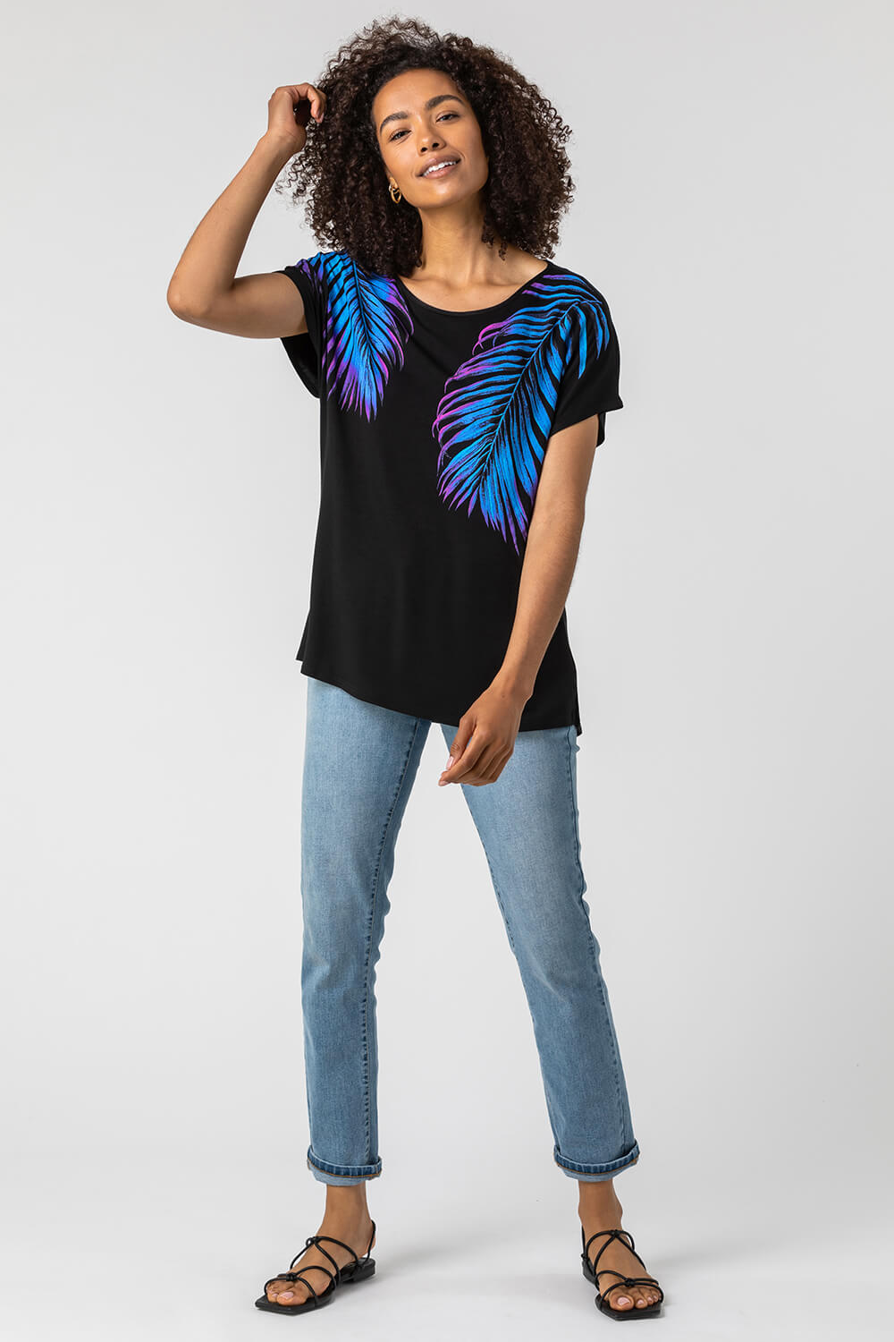Black Tropical Print T-Shirt Top, Image 3 of 4