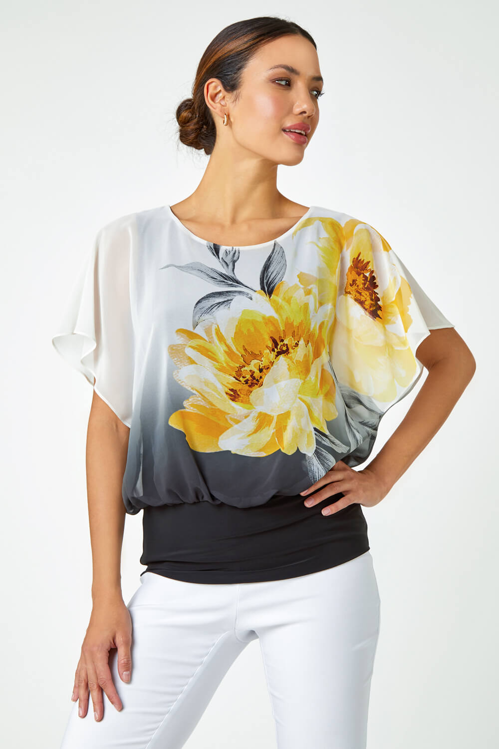 Yellow Floral Overlay Blouson Jersey Top, Image 2 of 5