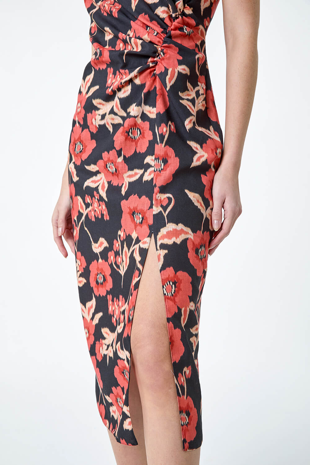 Black Floral Linen Look Ruched Midi Dress, Image 5 of 5