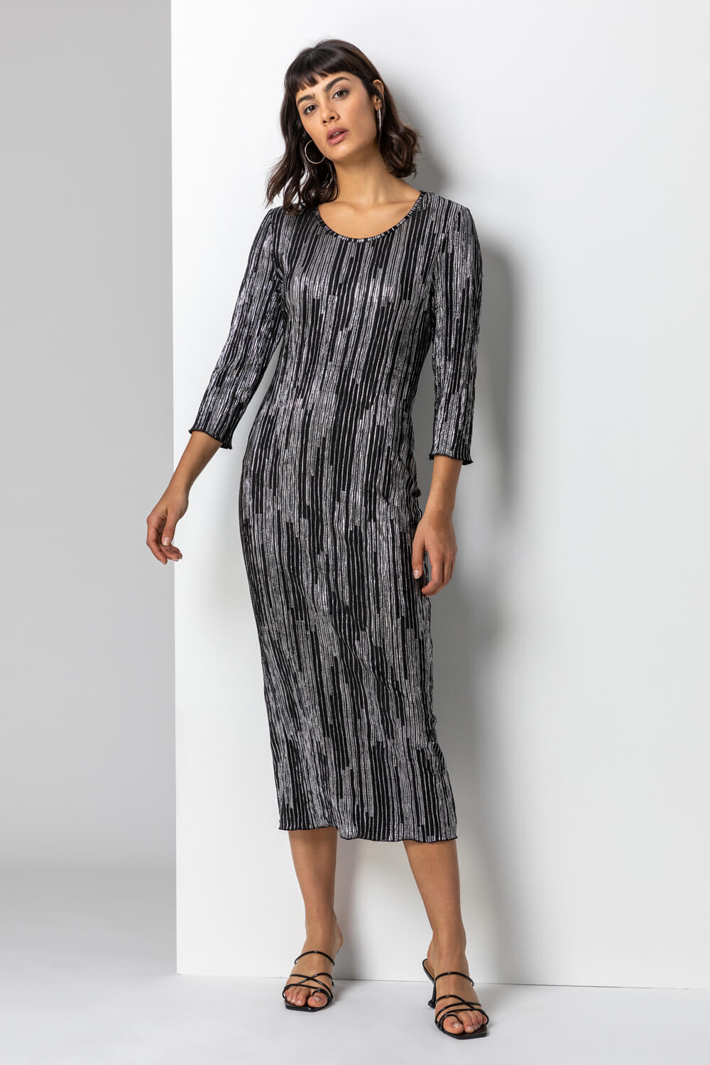 Silver Foil Stripe Print Plisse Midi Dress, Image 3 of 5