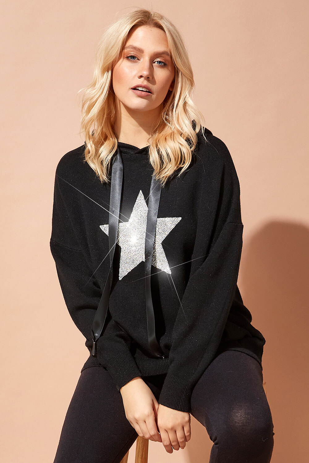 Black Star Embellished Knitted Hoodie, Image 4 of 5