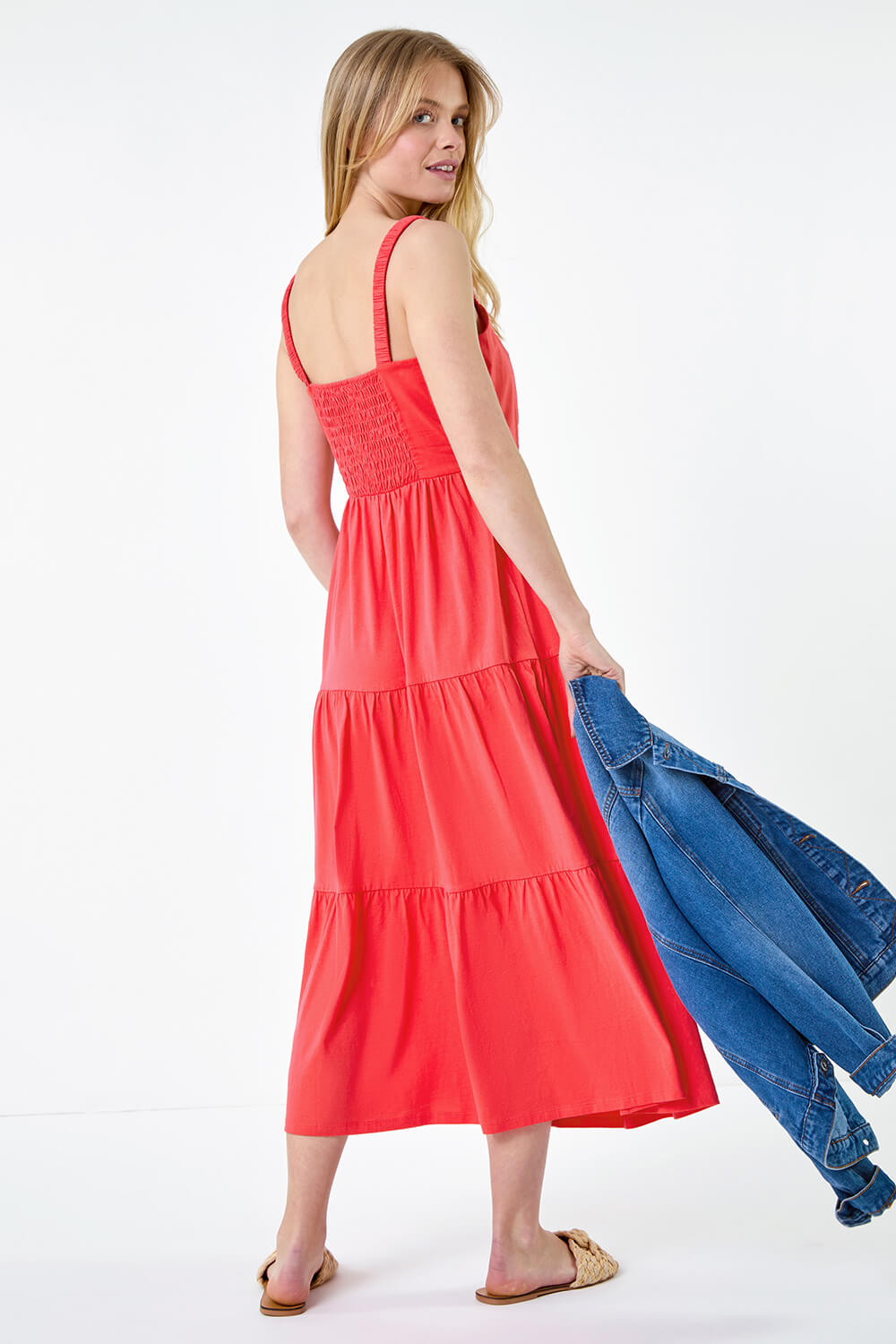 CORAL Cotton Strappy Tiered Midi Dress, Image 3 of 7