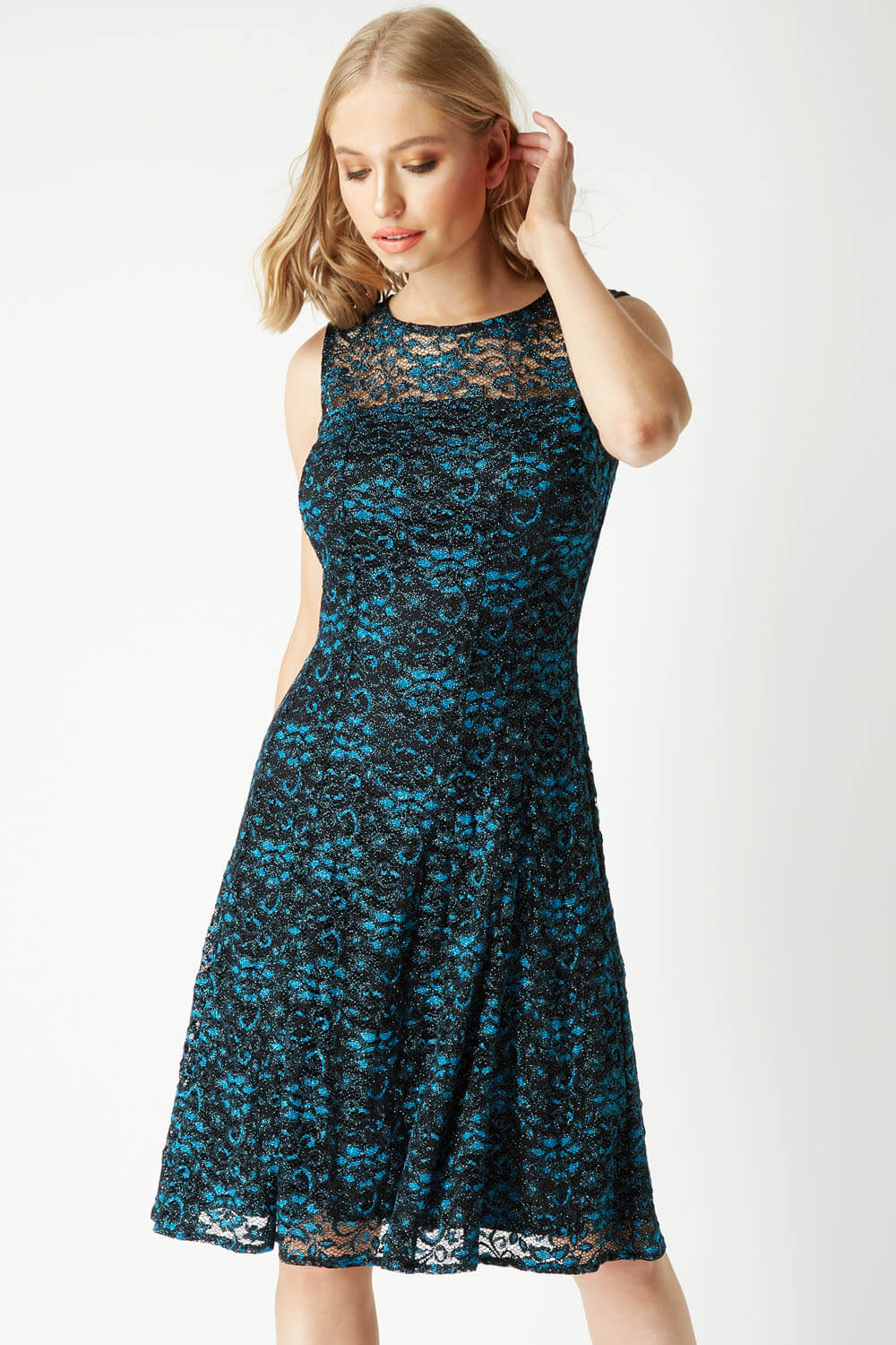 Shimmer Lace Fit and Flare Dress in Teal - Roman Originals UK