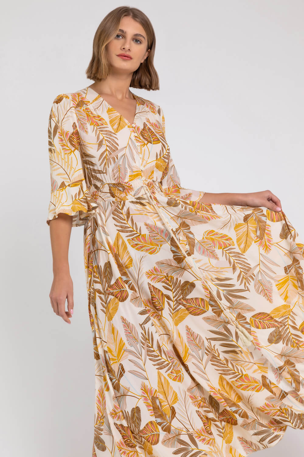 Ivory  Leaf Print Frill Detail Maxi Dress , Image 4 of 5