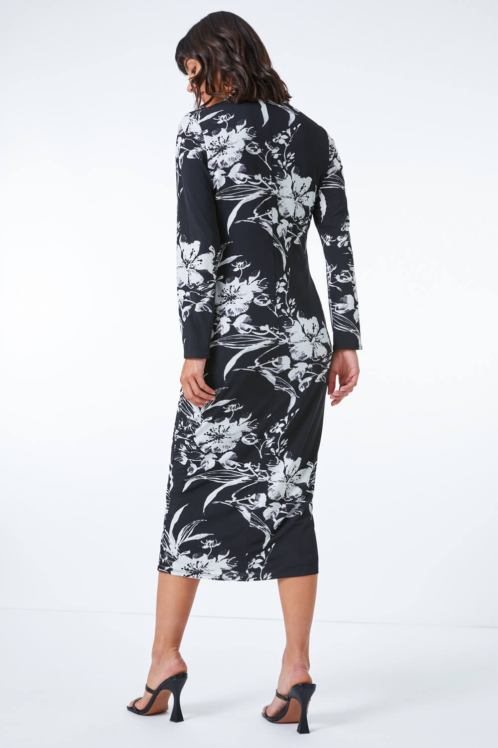 Black Fitted Floral Jersey Ruched Wrap Dress, Image 3 of 5