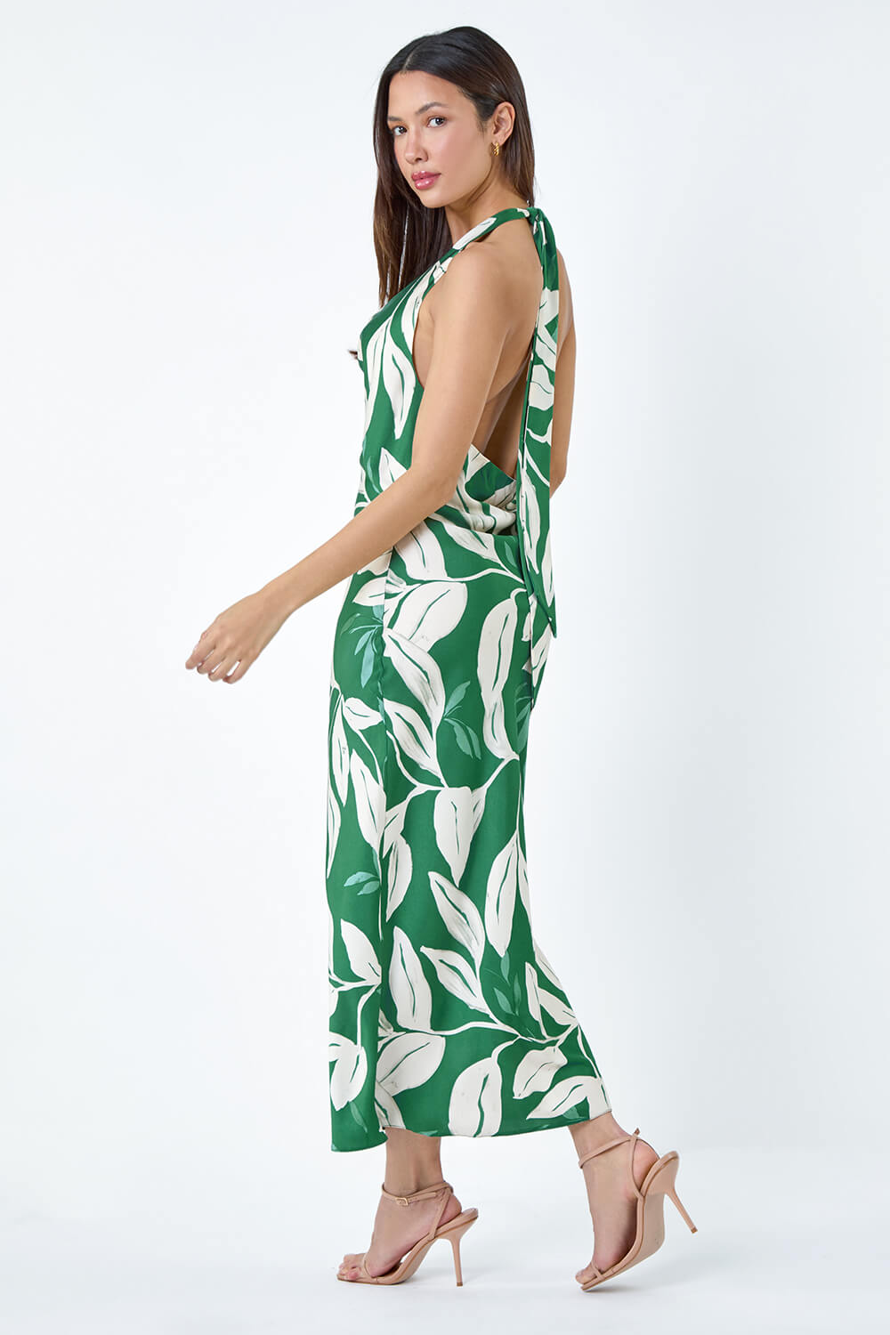 Green Floral Print Satin Bias Cut Dress, Image 3 of 5
