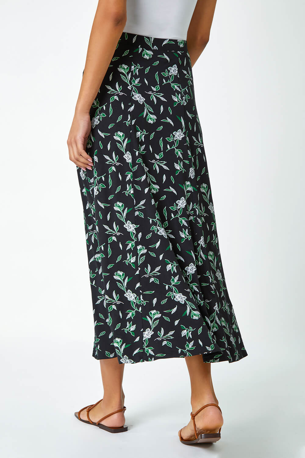 Green Floral Leaf Stretch Jersey Midi Skirt | Roman UK