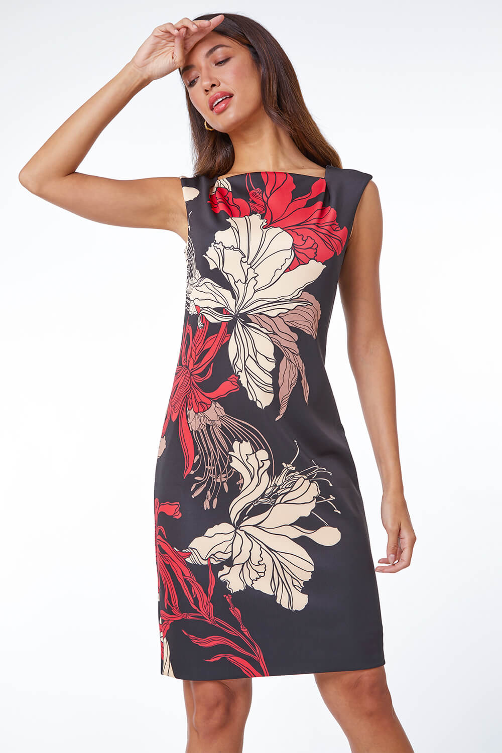 Floral Premium Stretch Dress in Red - Roman Originals UK