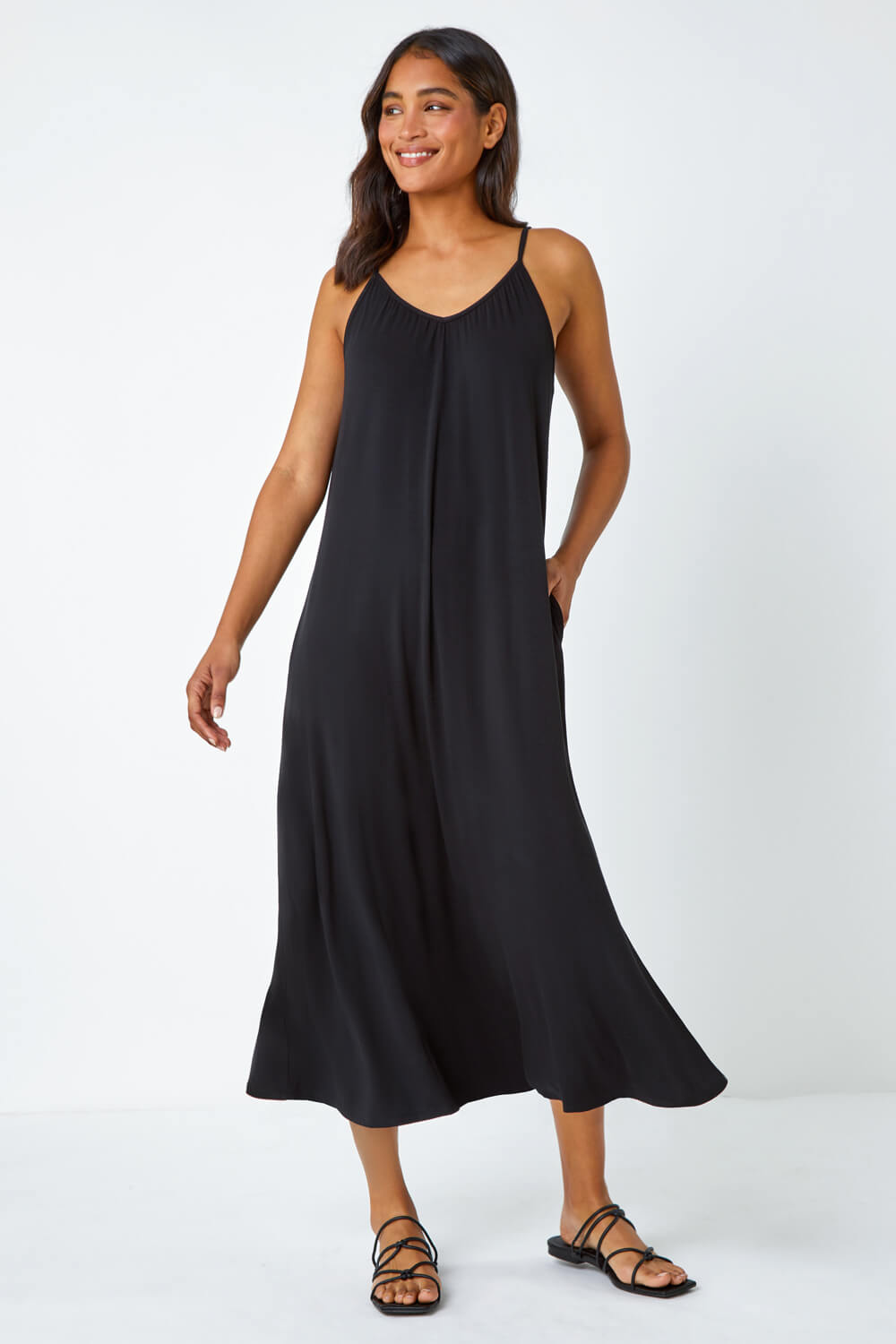 Black Plain Stretch Jersey Pocket Midi Dress, Image 2 of 5