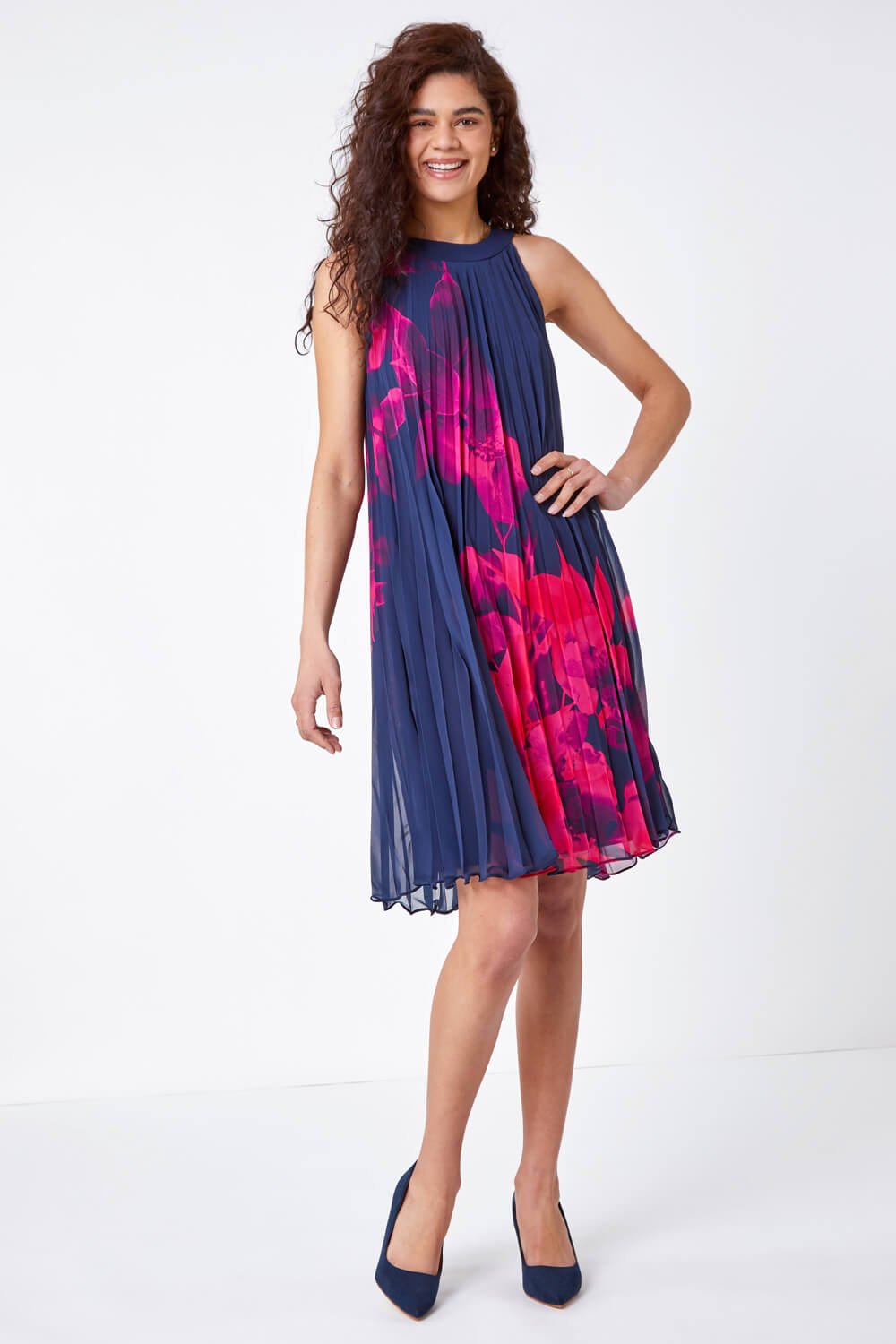 Navy  Floral Pleated Swing Dress, Image 4 of 5