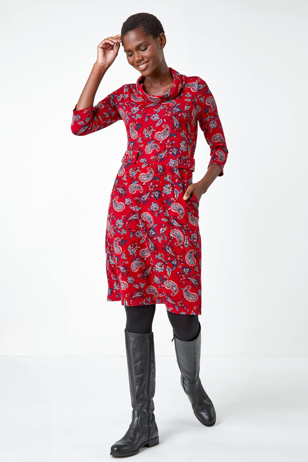 Red Paisley Print Cowl Neck Dress, Image 2 of 5