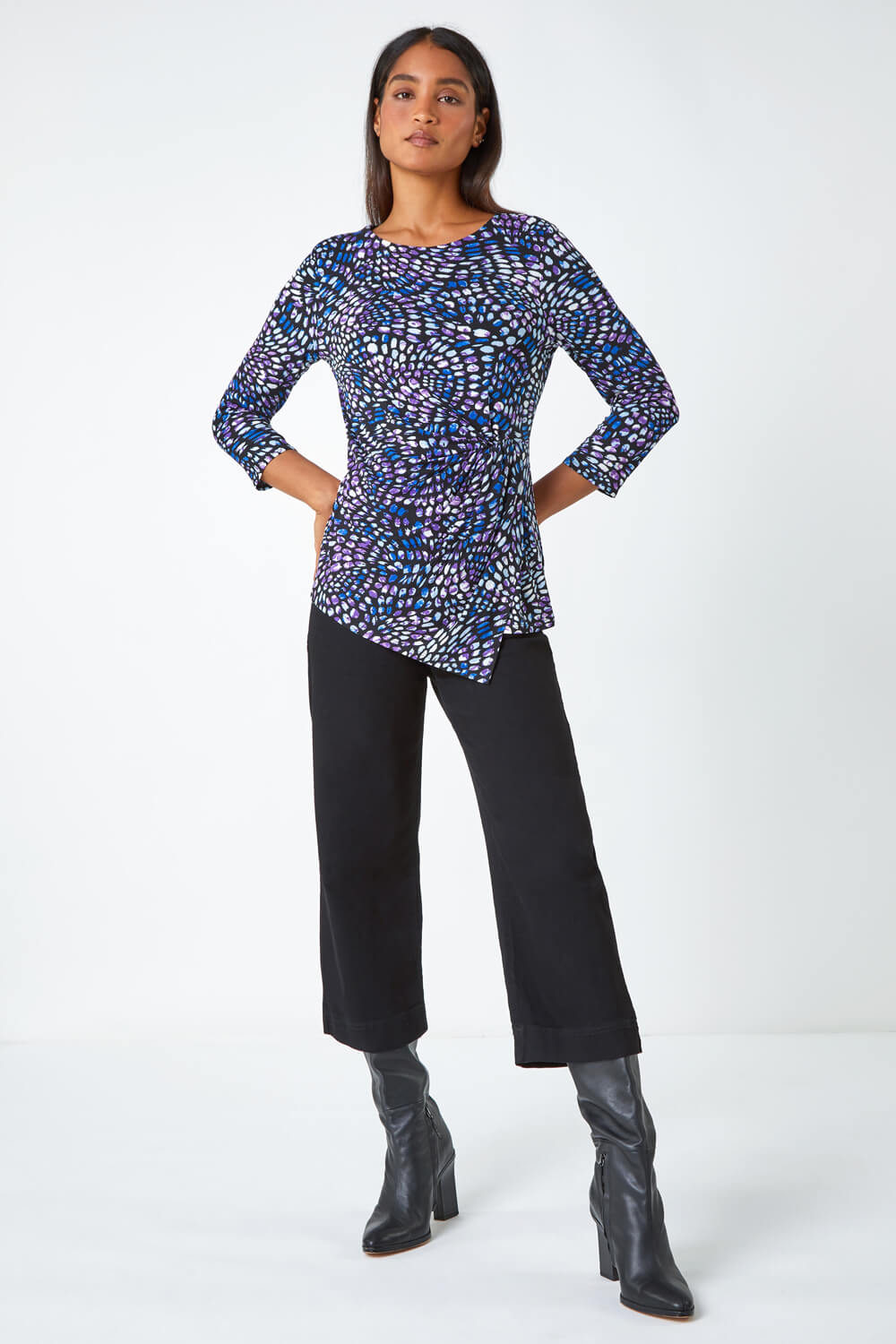 Blue Abstract Print Side Twist Stretch Top , Image 2 of 5