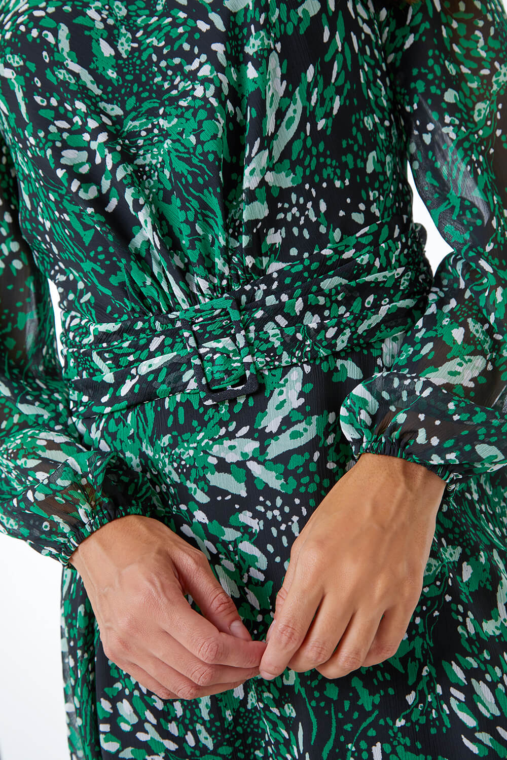 Green Floral Print Belted Midi Dress, Image 5 of 5