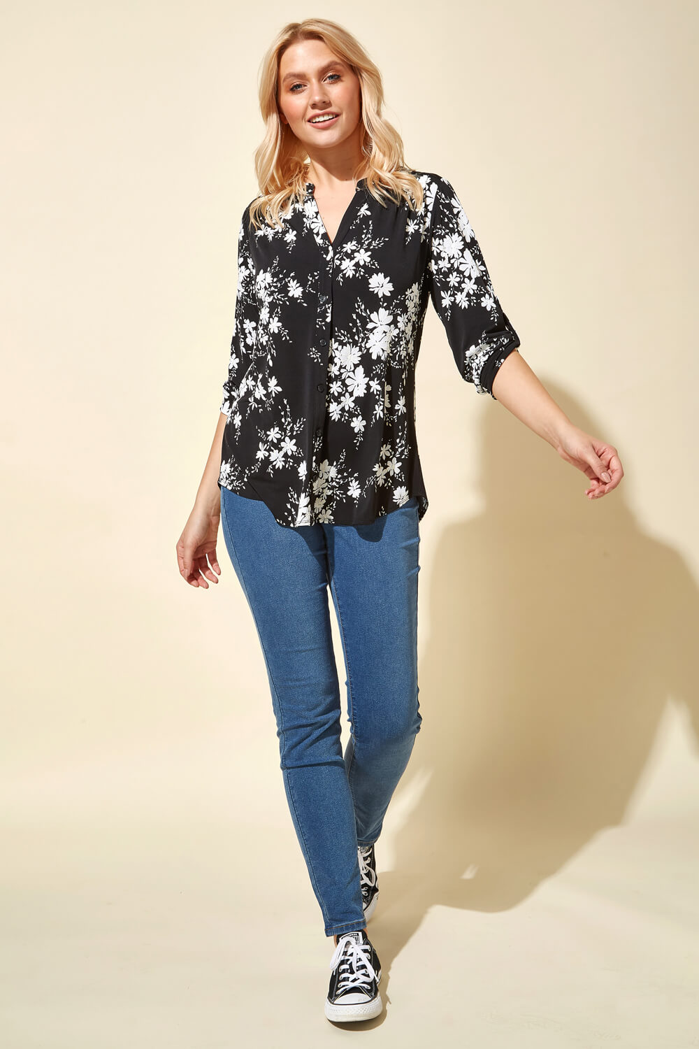 Black Floral Puff Print 3/4 Sleeve Blouse, Image 3 of 4