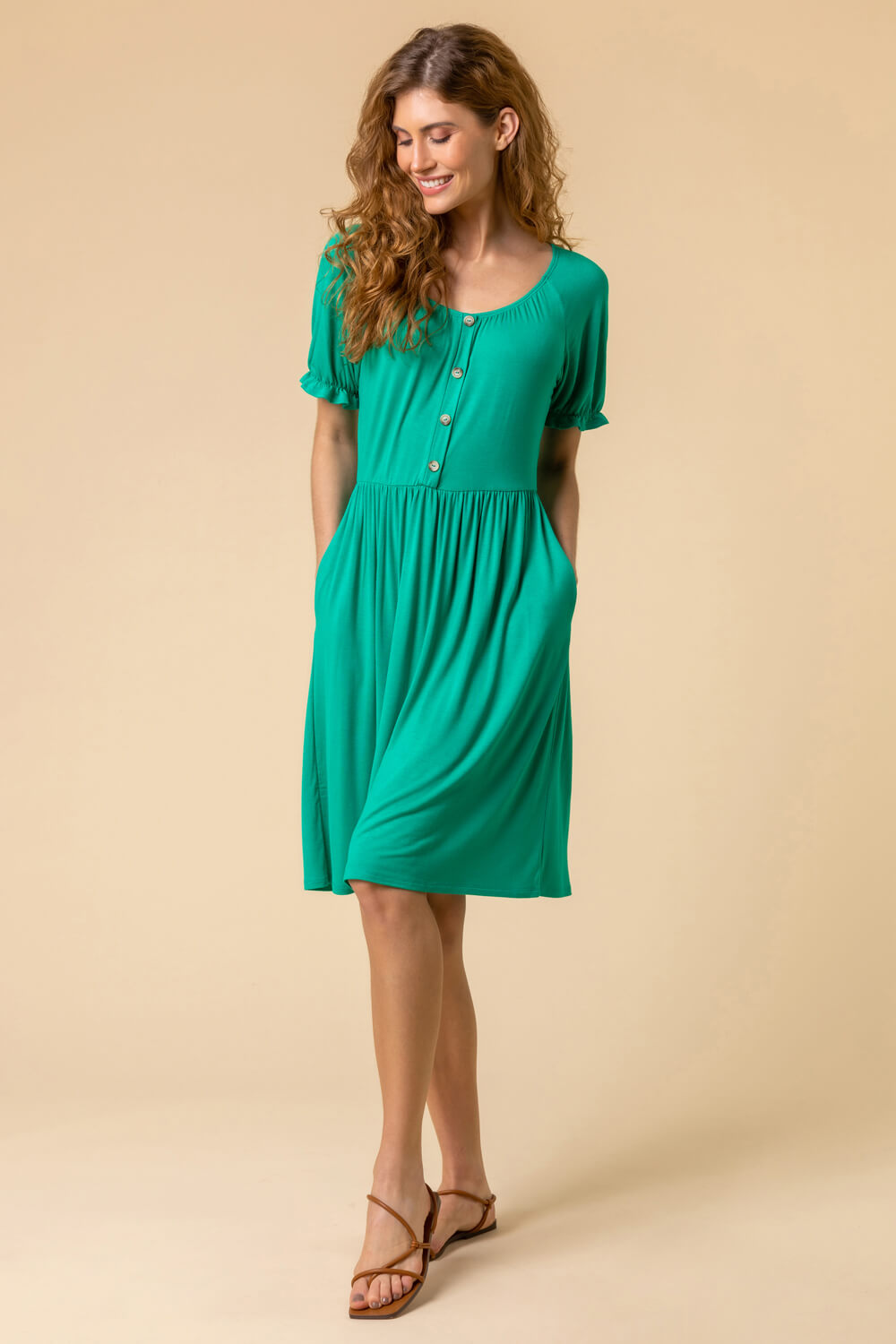 Green Puff Sleeve Buttoned Jersey Dress, Image 3 of 5