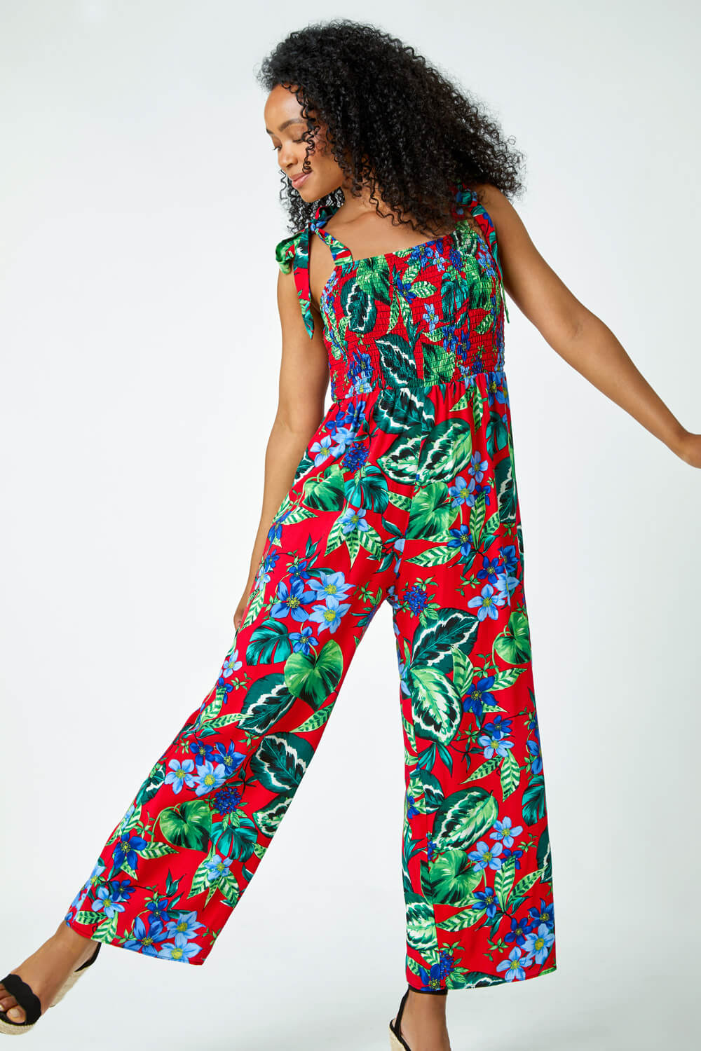 Red Petite Tropical Shirred Stretch Jumpsuit, Image 2 of 5