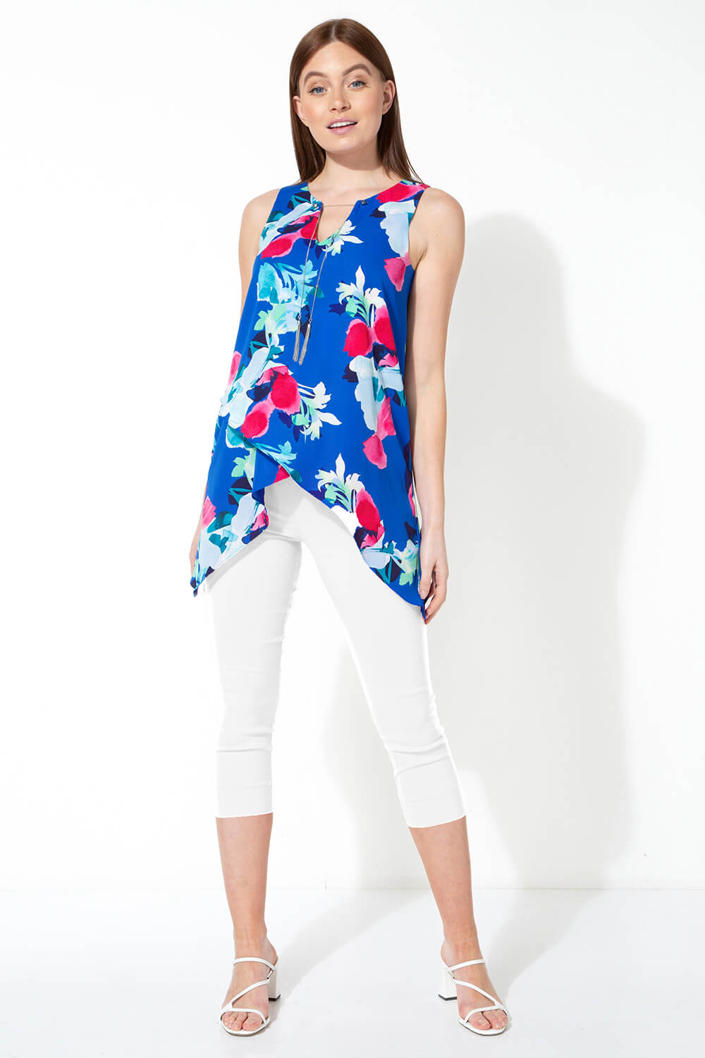 Royal Blue Floral Print Asymmetric Top with Necklace, Image 5 of 5