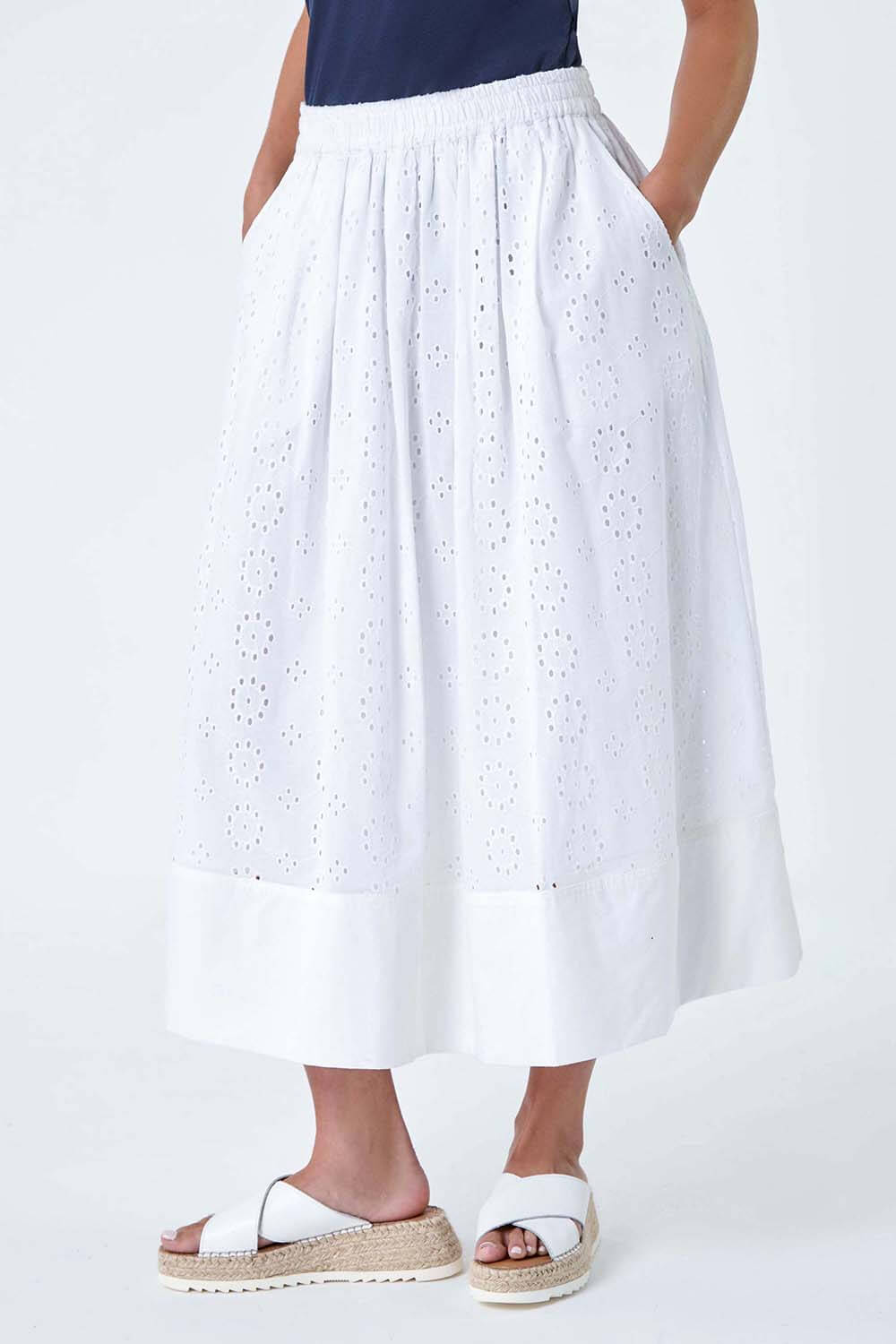 White Petite Cotton Broderie Midi Skirt, Image 4 of 5
