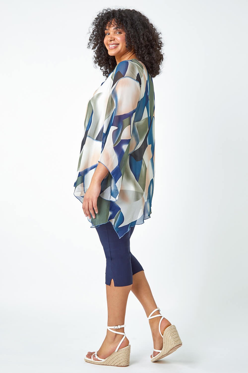 Navy  Curve Abstract Chiffon Overlay Top, Image 3 of 5