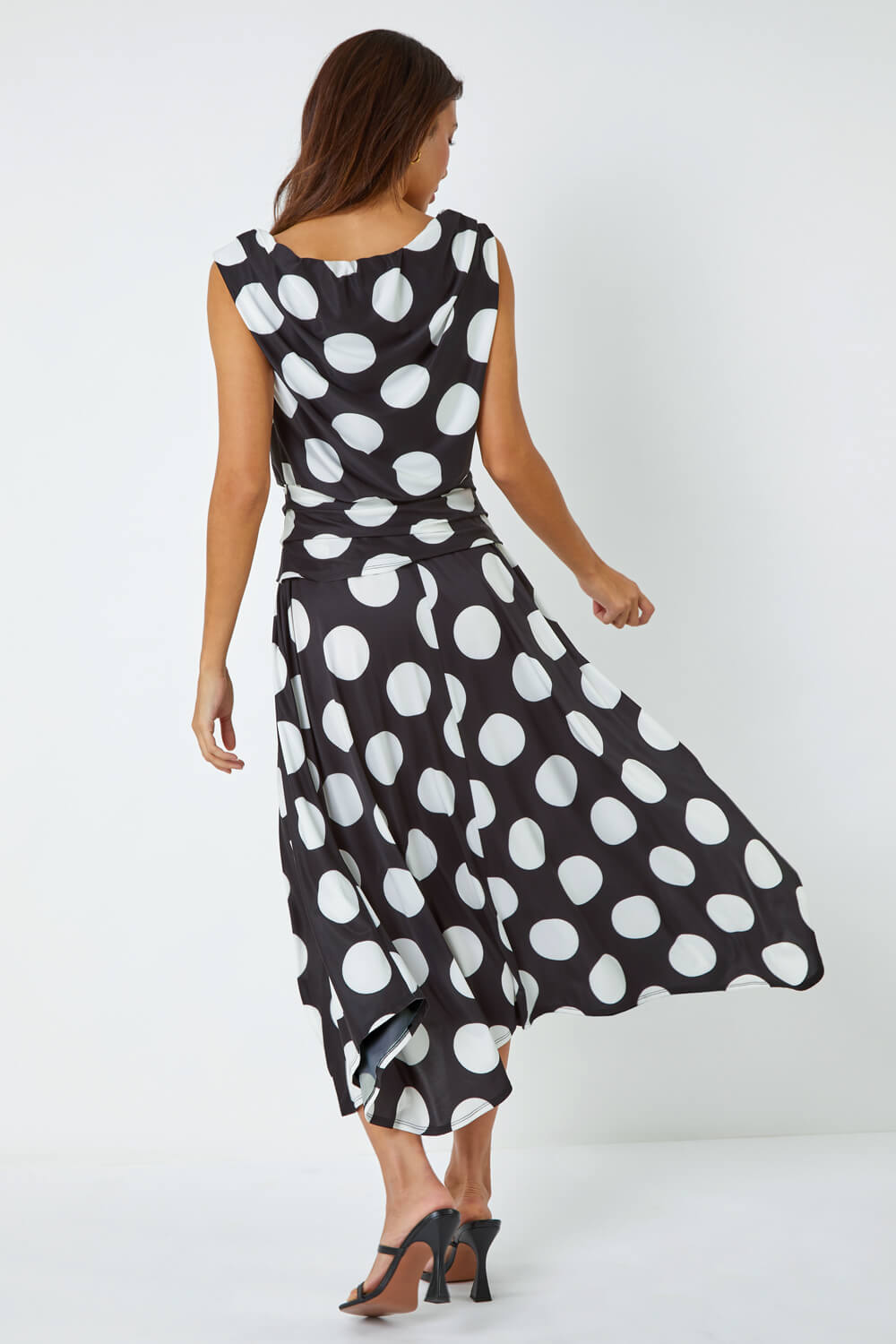 Black Spot Print Cowl Neck Ruched Midi Dress, Image 3 of 5