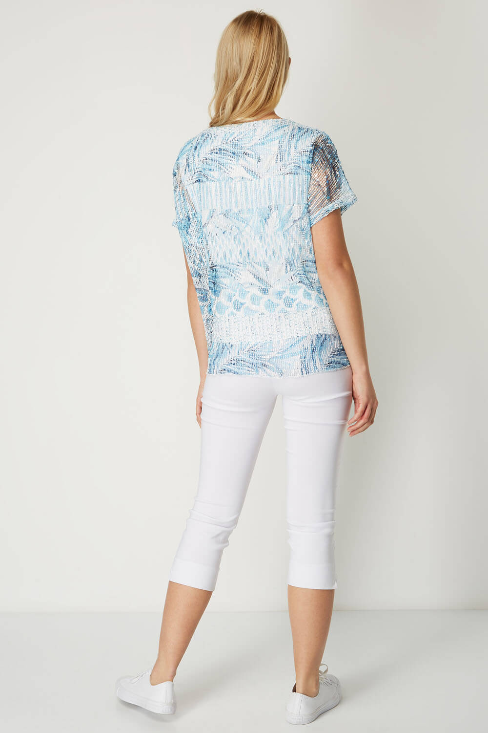 Blue Tropical Print Net Overlay Top, Image 2 of 8