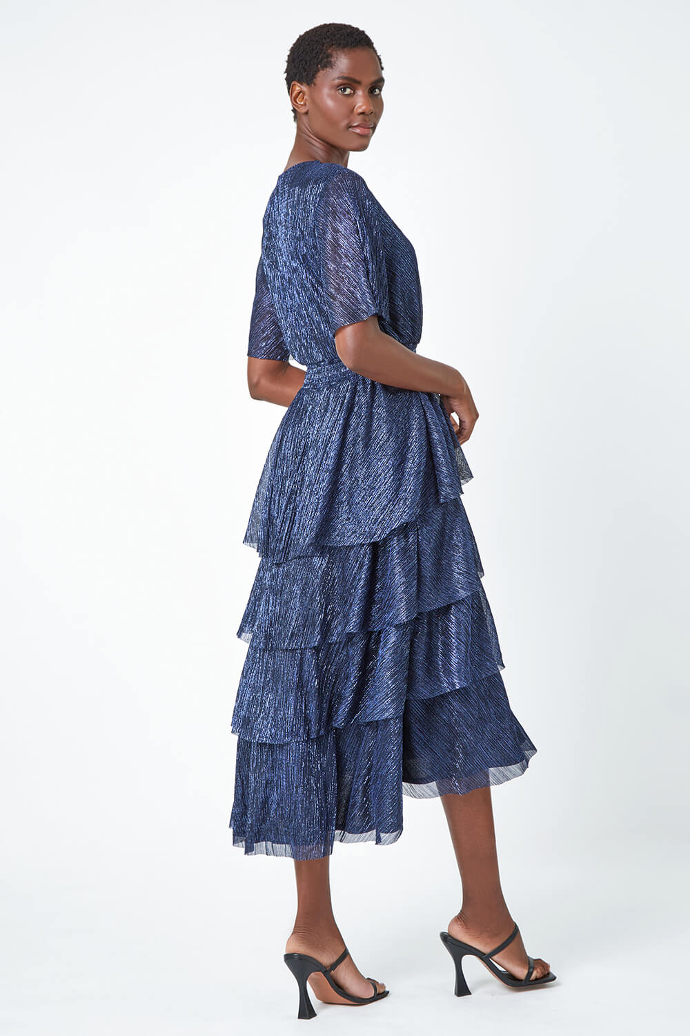 Midnight Blue Shimmer Tiered Midi Dress, Image 3 of 5