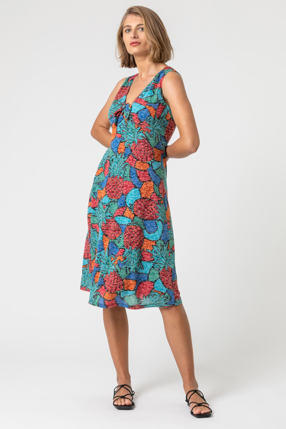 Burnout Pineapple Print Knotted Dress in Turquoise - Roman Originals UK