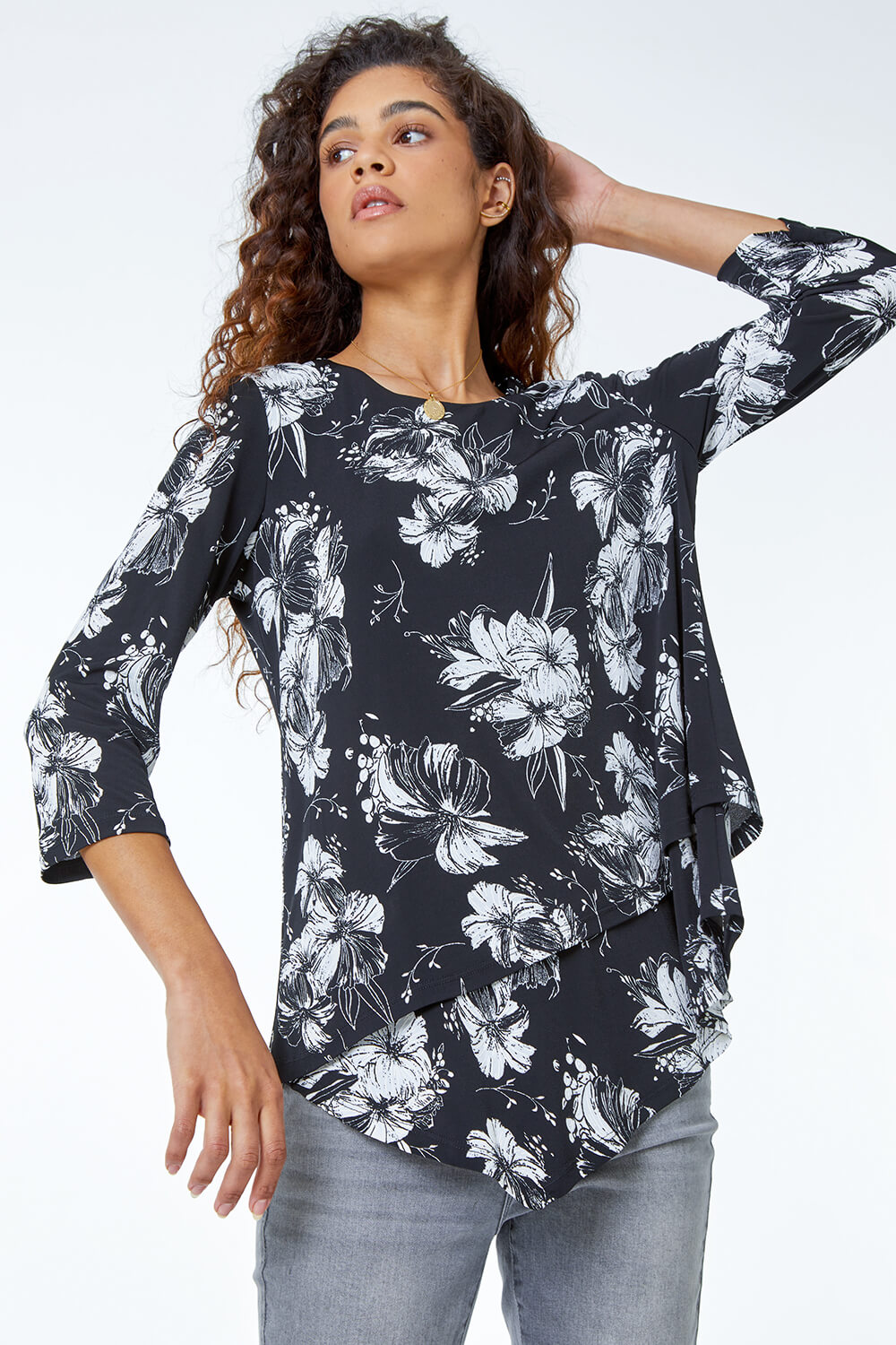 Black Floral Print Double Layer Top, Image 4 of 5