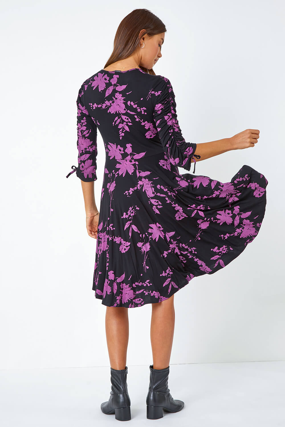 Mauve Floral Shadow Print Ruched Stretch Dress, Image 3 of 5